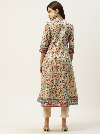 Juniper Womens Beige Cambric Printed Flared Kurta