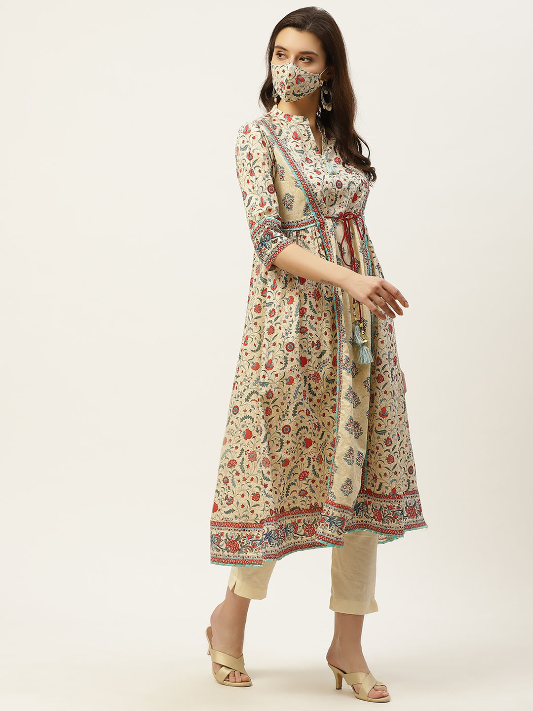 Juniper Womens Beige Cambric Printed Flared Kurta