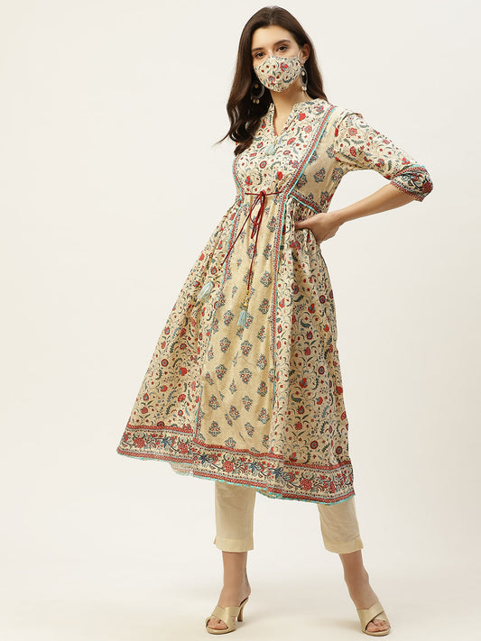 Juniper Womens Beige Cambric Printed Flared Kurta