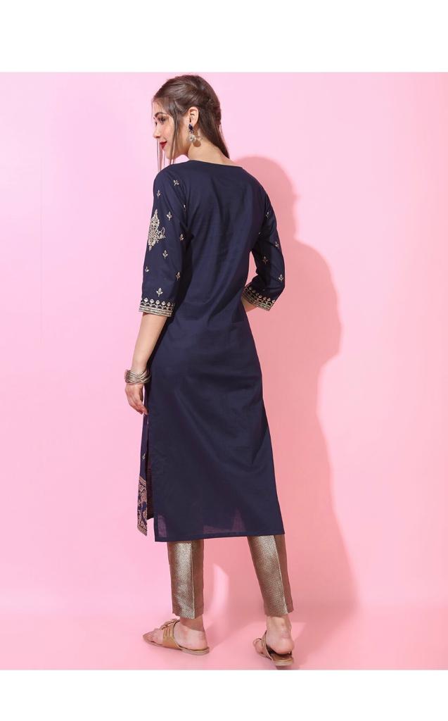 Maai Rayon Hand Printed Kurta Navy