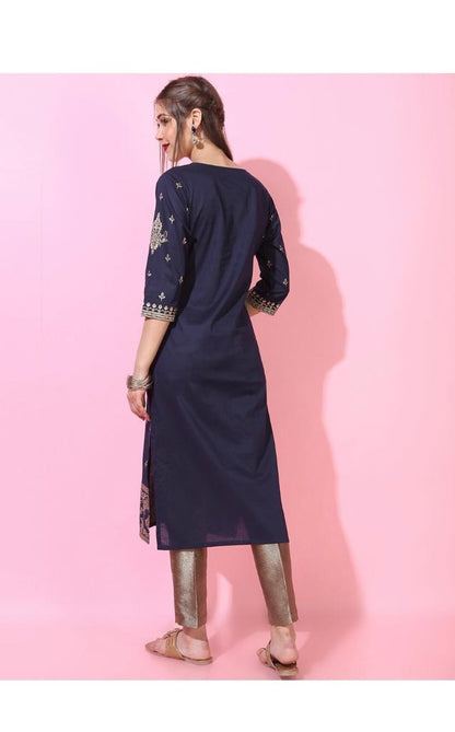 Maai Rayon Hand Printed Kurta Navy
