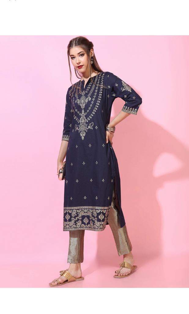 Maai Rayon Hand Printed Kurta Navy