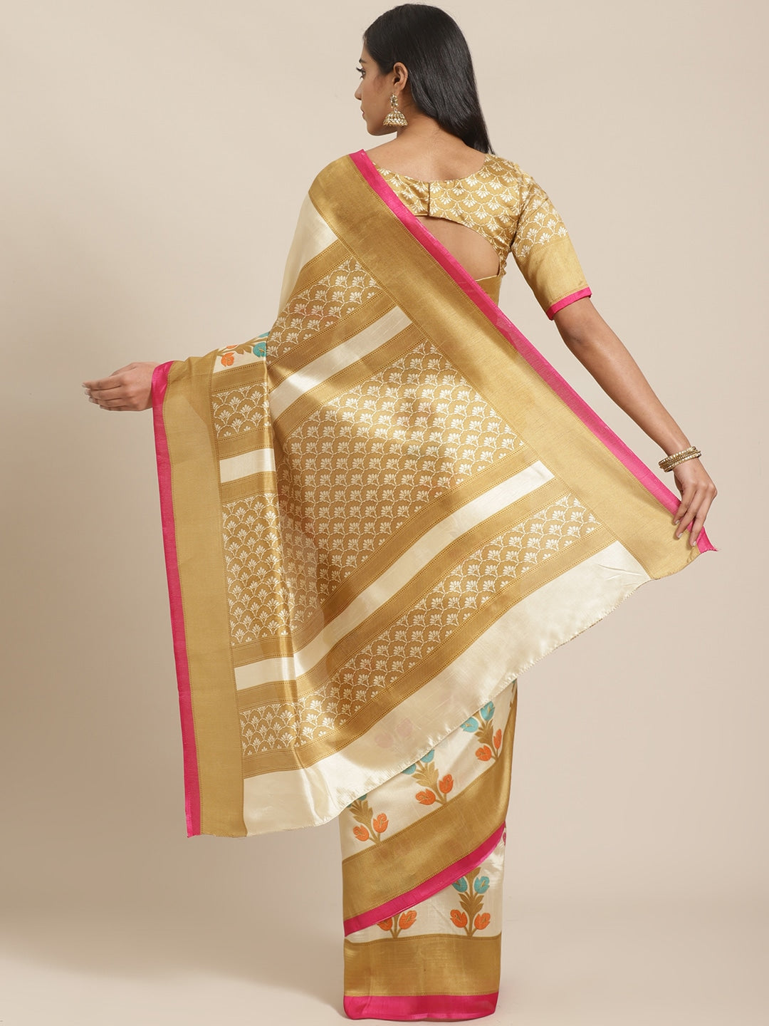 Saree Mall Beige & Pink Ethnic Motifs Print Saree