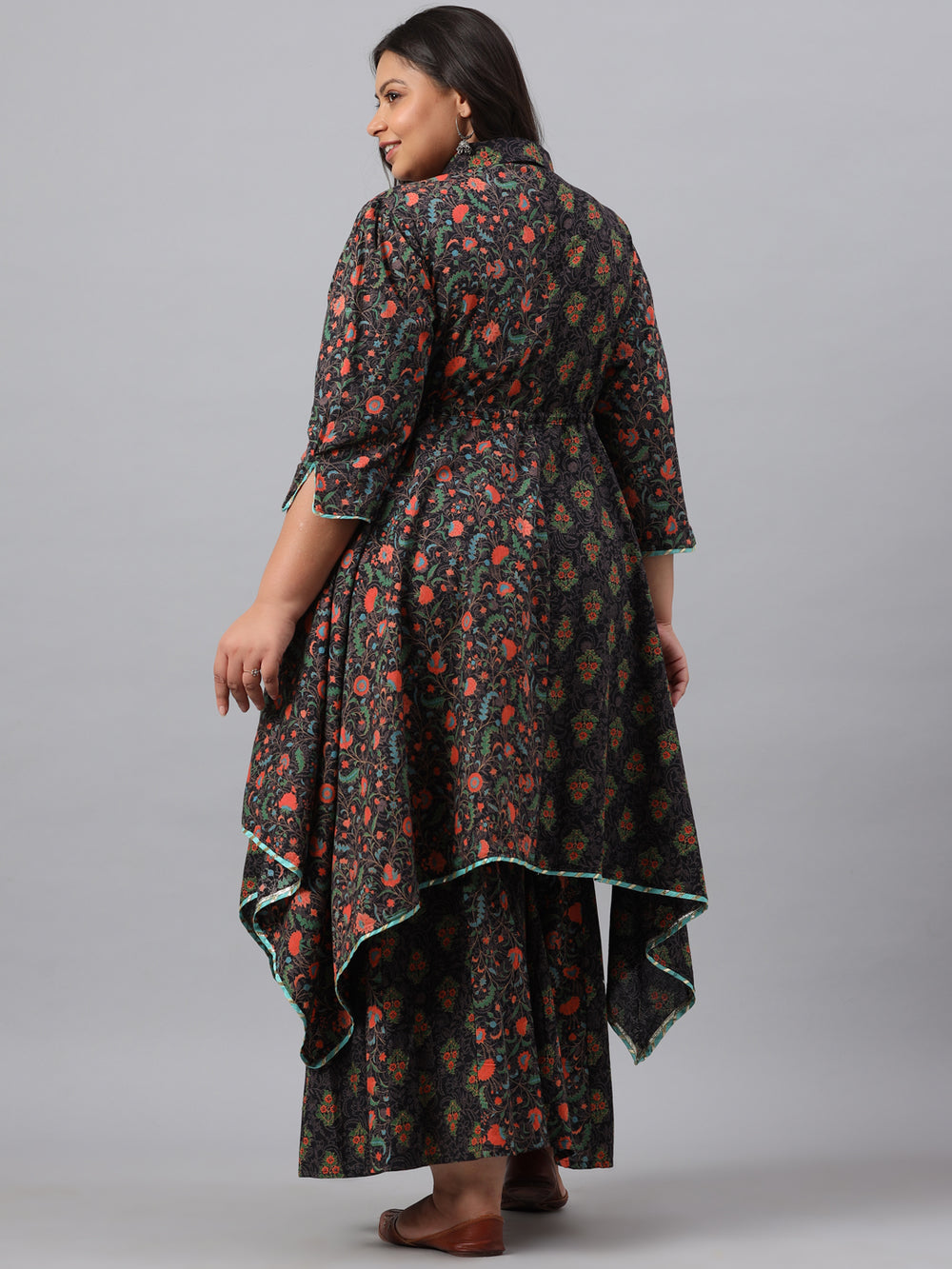 Juniper Women`s Black Cambric Festive Wear Printed Asymmetric Clothing Set