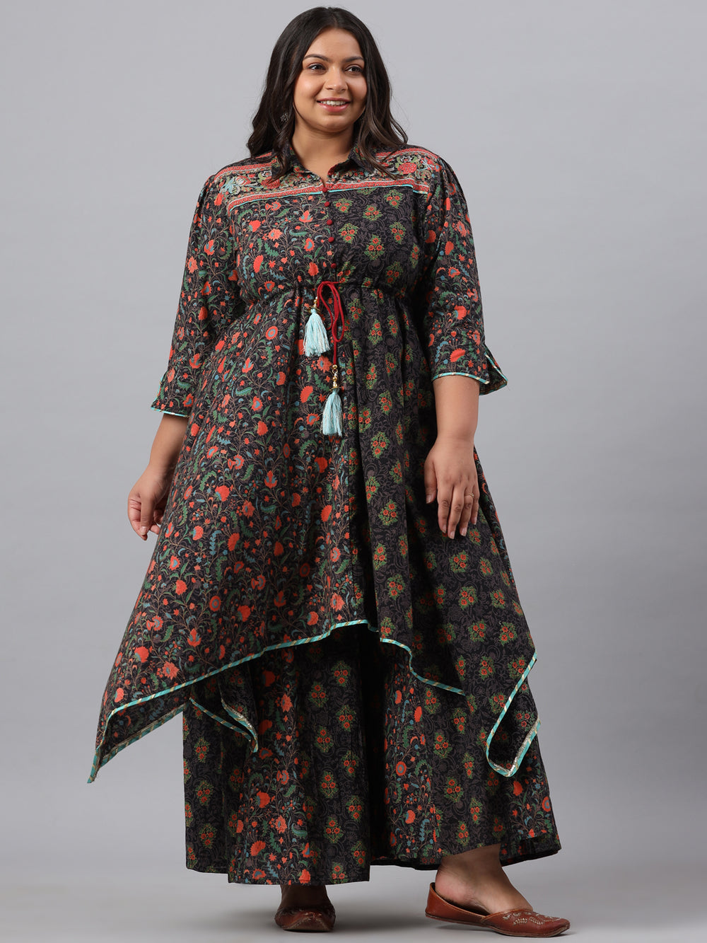 Juniper Women`s Black Cambric Festive Wear Printed Asymmetric Clothing Set