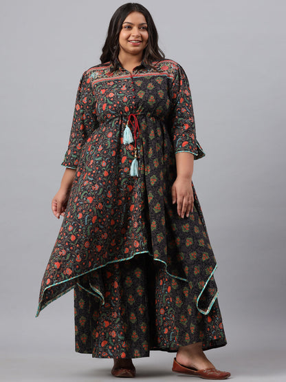 Juniper Women`s Black Cambric Festive Wear Printed Asymmetric Clothing Set