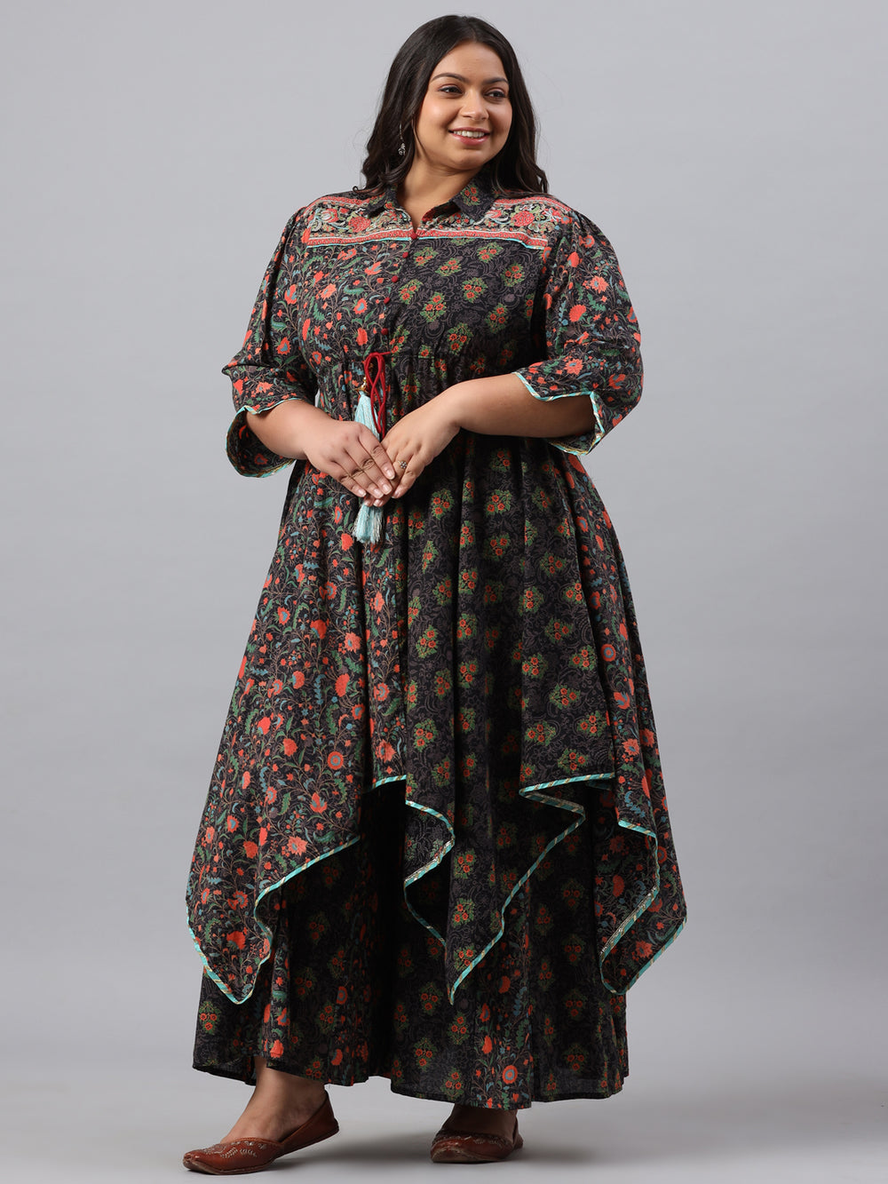 Juniper Women`s Black Cambric Festive Wear Printed Asymmetric Clothing Set