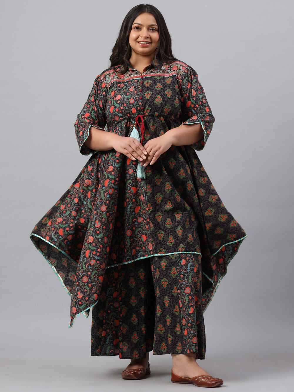 Juniper Women`s Black Cambric Festive Wear Printed Asymmetric Clothing Set