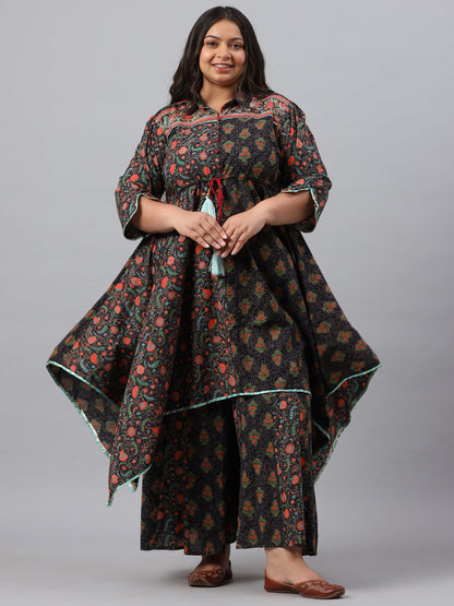 Juniper Women`s Black Cambric Festive Wear Printed Asymmetric Clothing Set