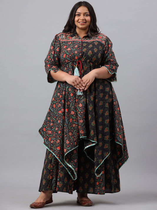 Juniper Women`s Black Cambric Festive Wear Printed Asymmetric Clothing Set