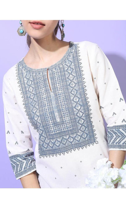 Maai Rayon Hand Printed Kurta White
