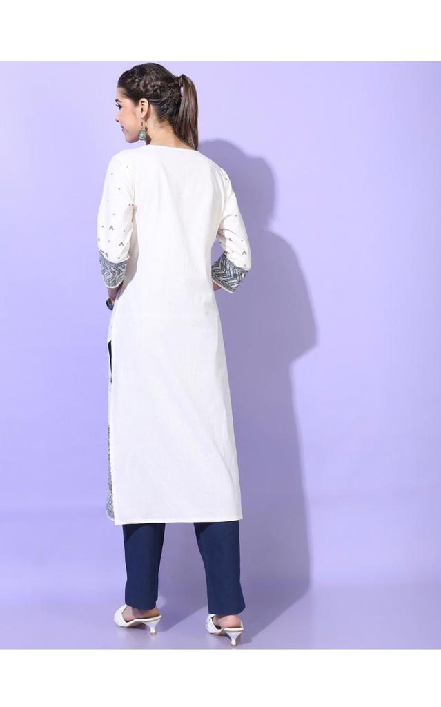 Maai Rayon Hand Printed Kurta White