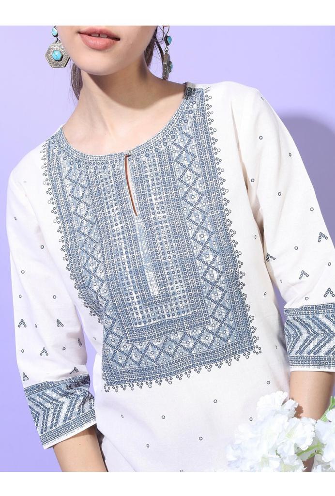 Maai Rayon Hand Printed Kurta White