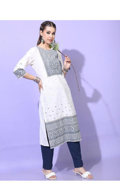 Maai Rayon Hand Printed Kurta White