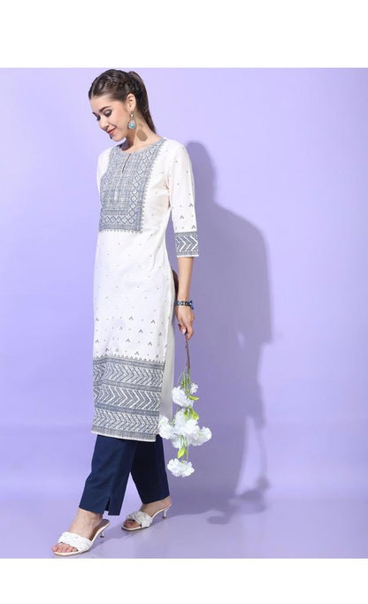 Maai Rayon Hand Printed Kurta White