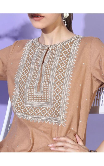 Maai Rayon Hand Printed Kurta Beige