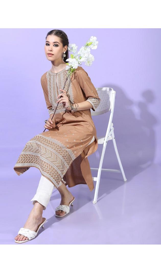 Maai Rayon Hand Printed Kurta Beige