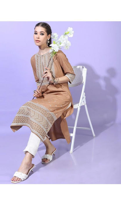 Maai Rayon Hand Printed Kurta Beige