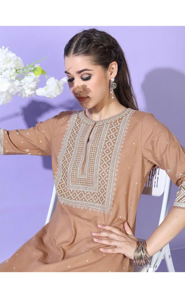 Maai Rayon Hand Printed Kurta Beige