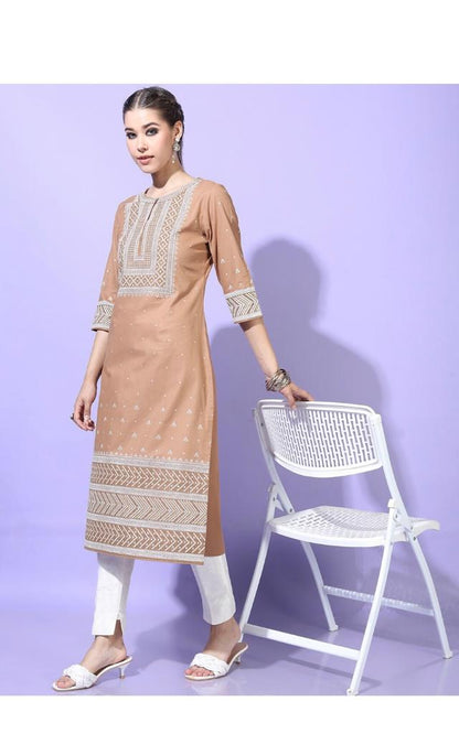 Maai Rayon Hand Printed Kurta Beige