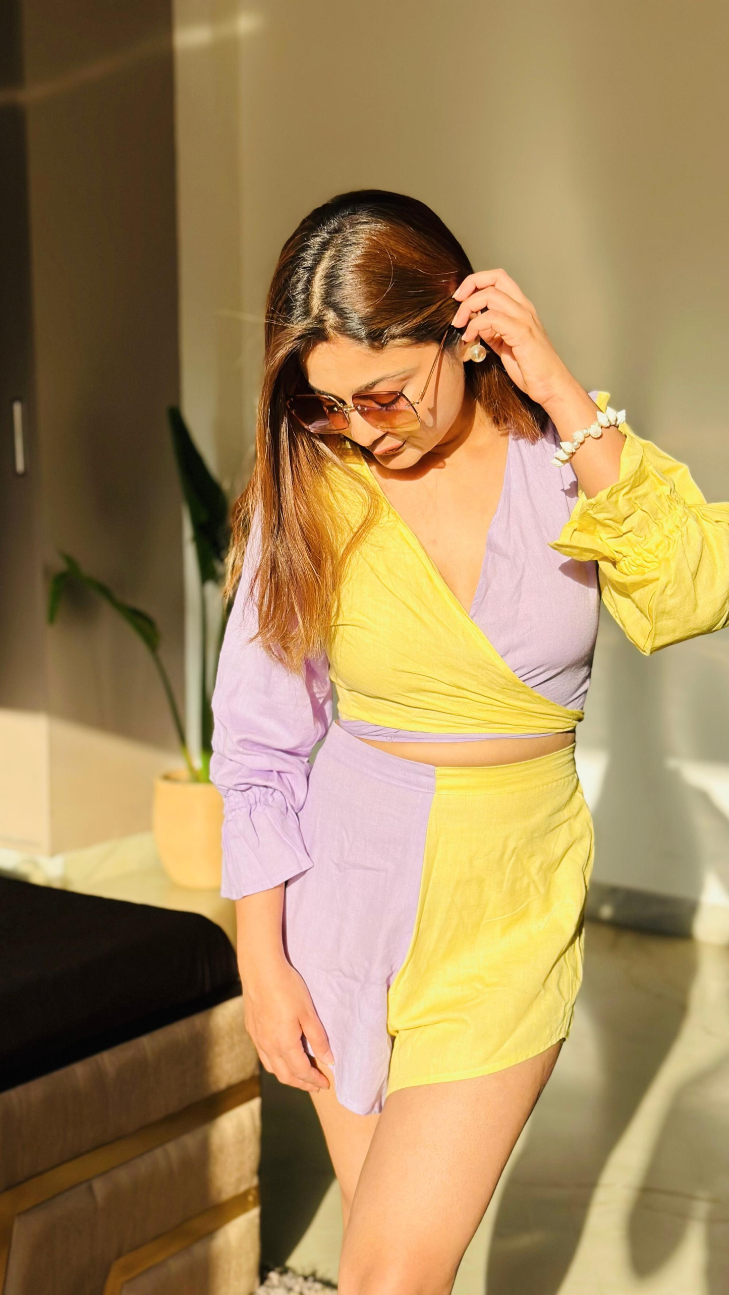 Noroke Sustainable fabric | Linen Cotton Front Tie Linen Co-Ord Set Women - Purple Yellow
