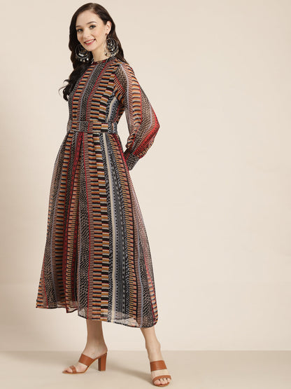 Juniper Womens Black Chiffon Printed Dress With Beautiful Belt