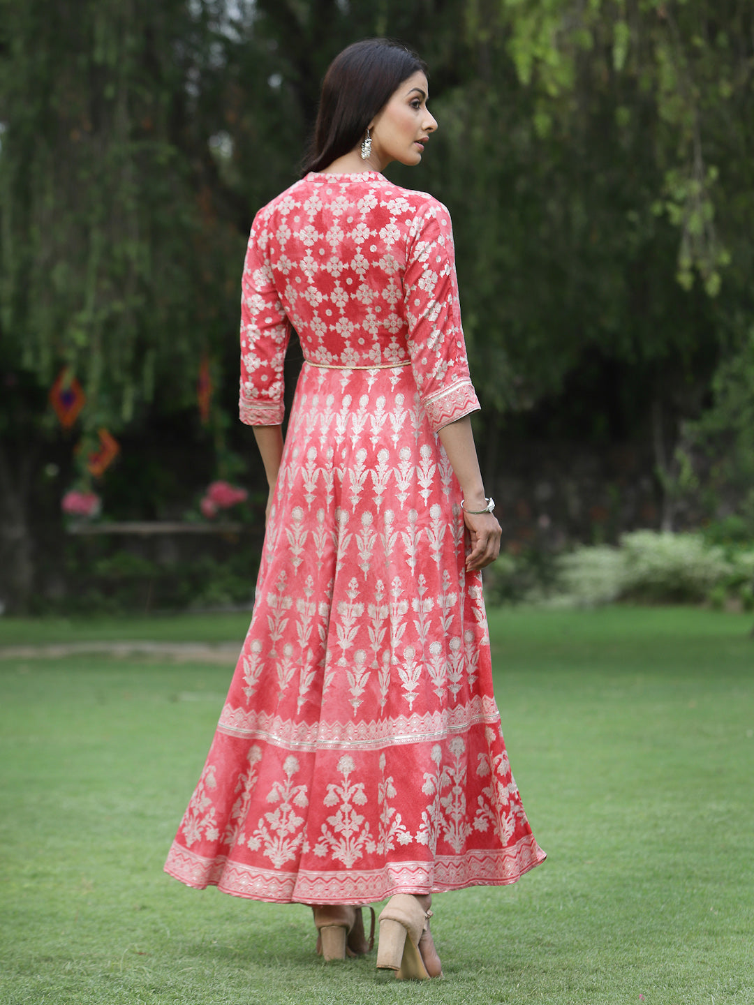 Juniper Womens Peach Floral Motifs Printed Maxi Dress