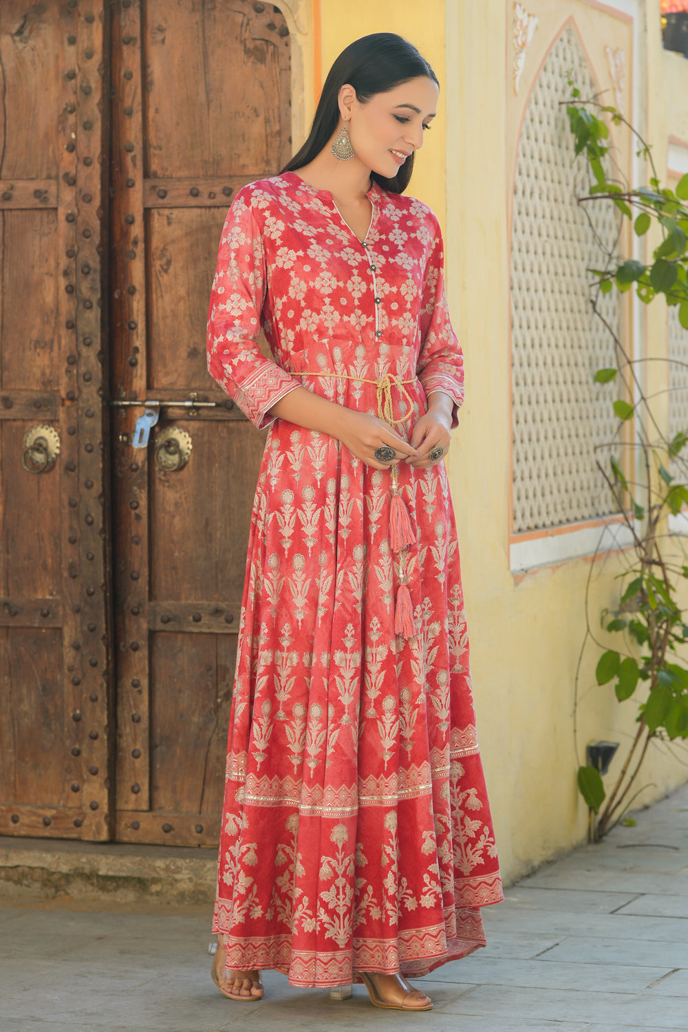 Juniper Women's Peach Rayon Printed Flared Dress