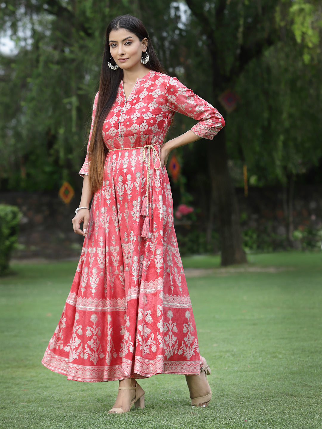 Juniper Womens Peach Floral Motifs Printed Maxi Dress