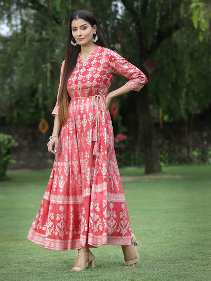 Juniper Womens Peach Floral Motifs Printed Maxi Dress