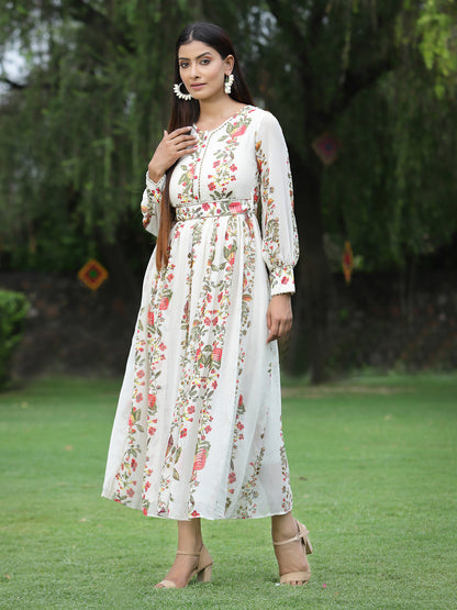 Juniper Womens Off White Floral Printed Maxi Dress With Bead Handwork