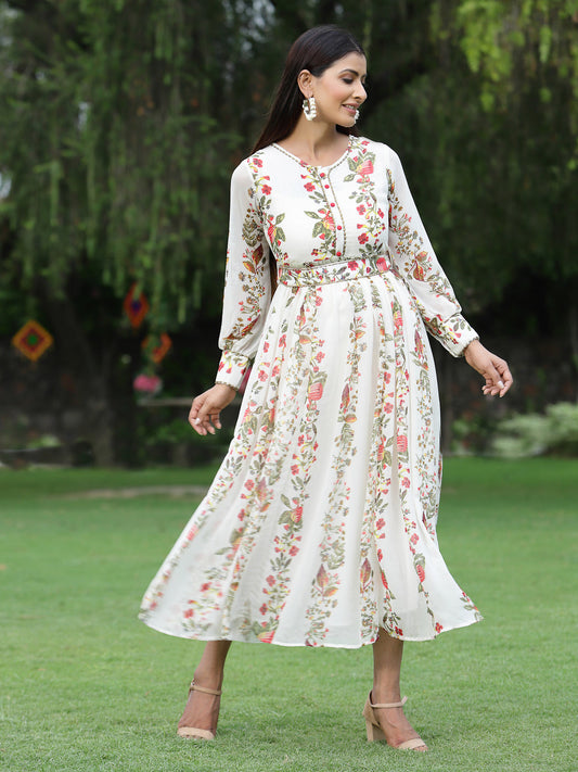 Juniper Womens Off White Floral Printed Maxi Dress With Bead Handwork