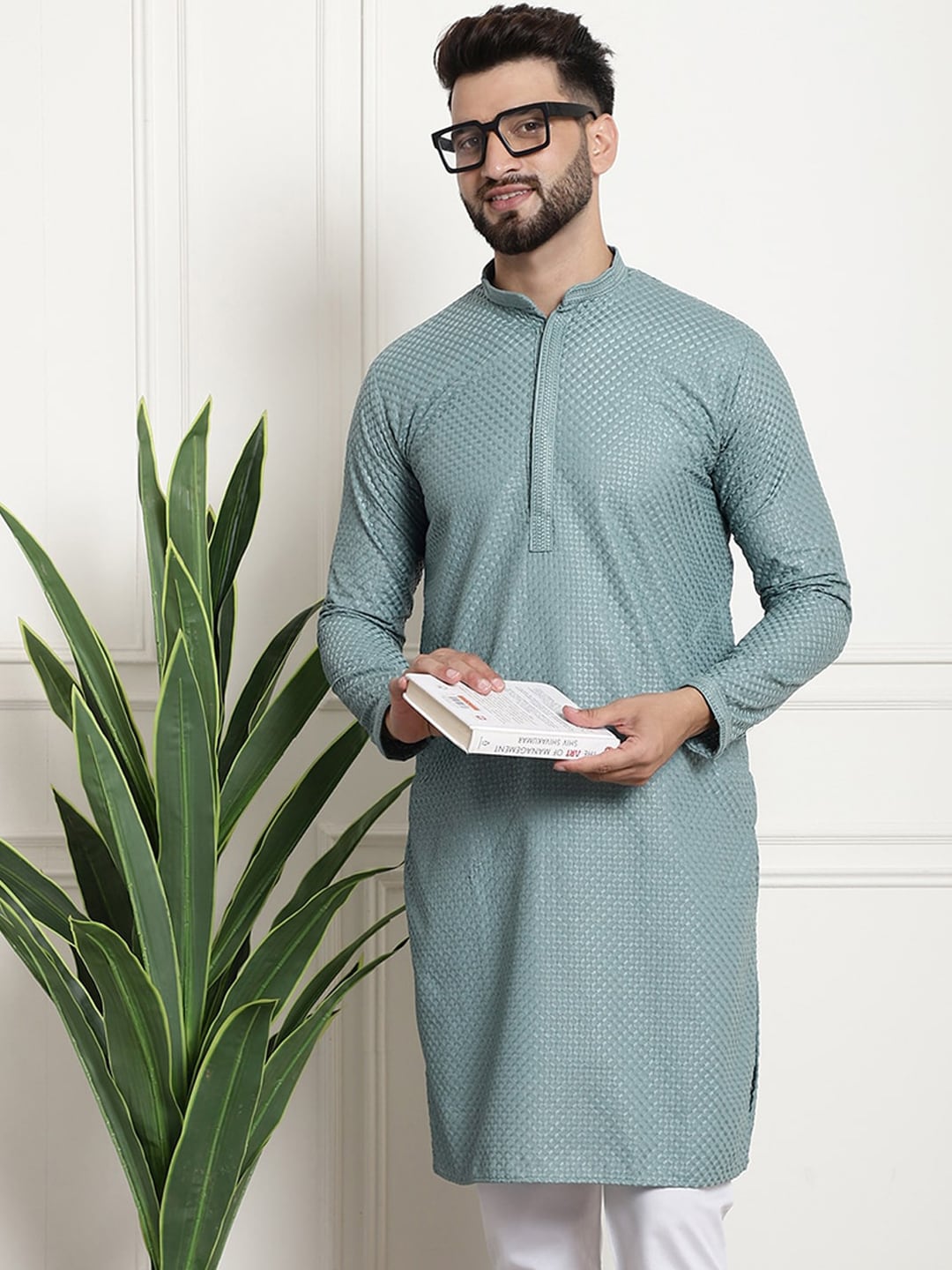 Sojanya Woven Design Mandarin Collar Straight Cotton Kurta