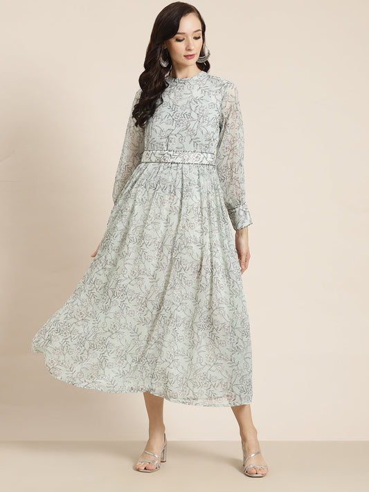 Juniper Womens Sagegreen Chiffon Digital Floral Printed Maxi Dress