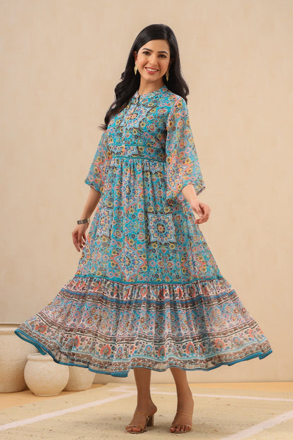Juniper Womens Aqua Blue Chiffon Digital Printed Tiered Maxi Dress