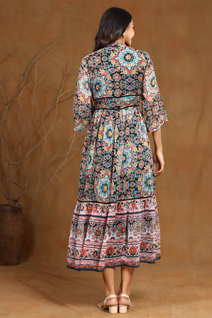 Juniper Women's Black Chiffon Printed Tiered Dress
