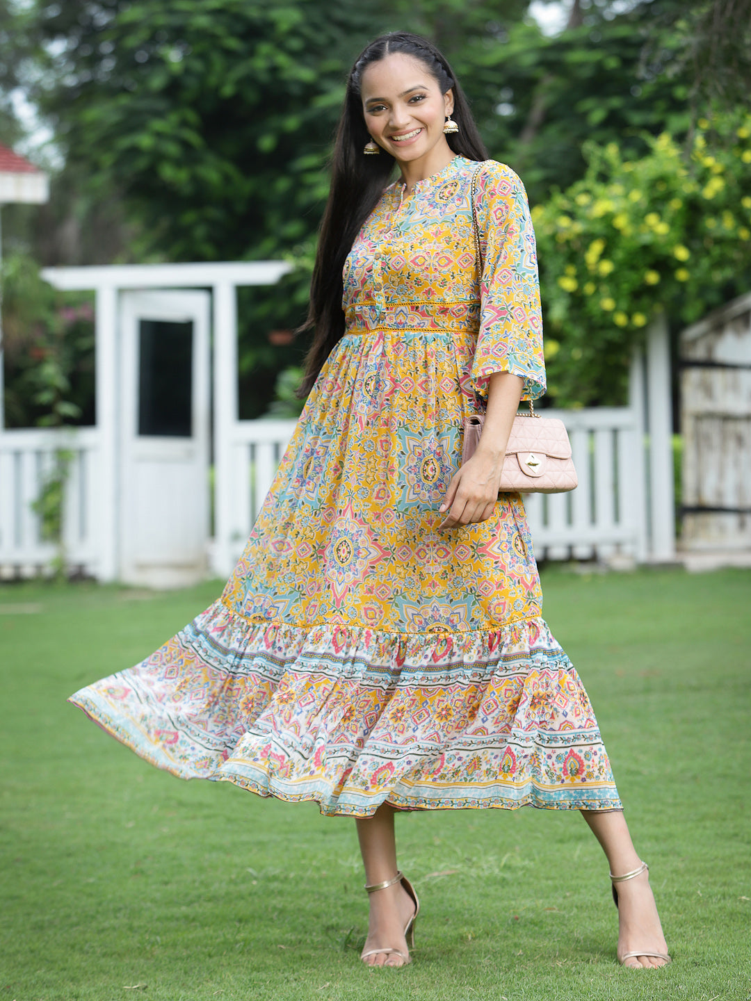Juniper Womens Mustard Chiffon Digital Printed Tiered Maxi Dress