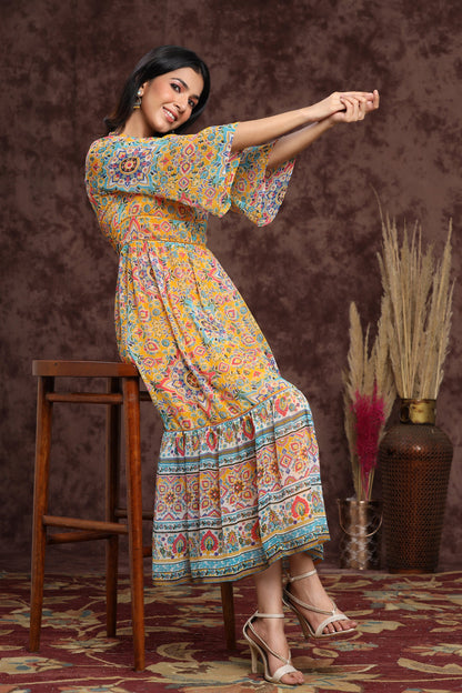 Juniper Women's Mustard Chiffon Printed Tiered Dress