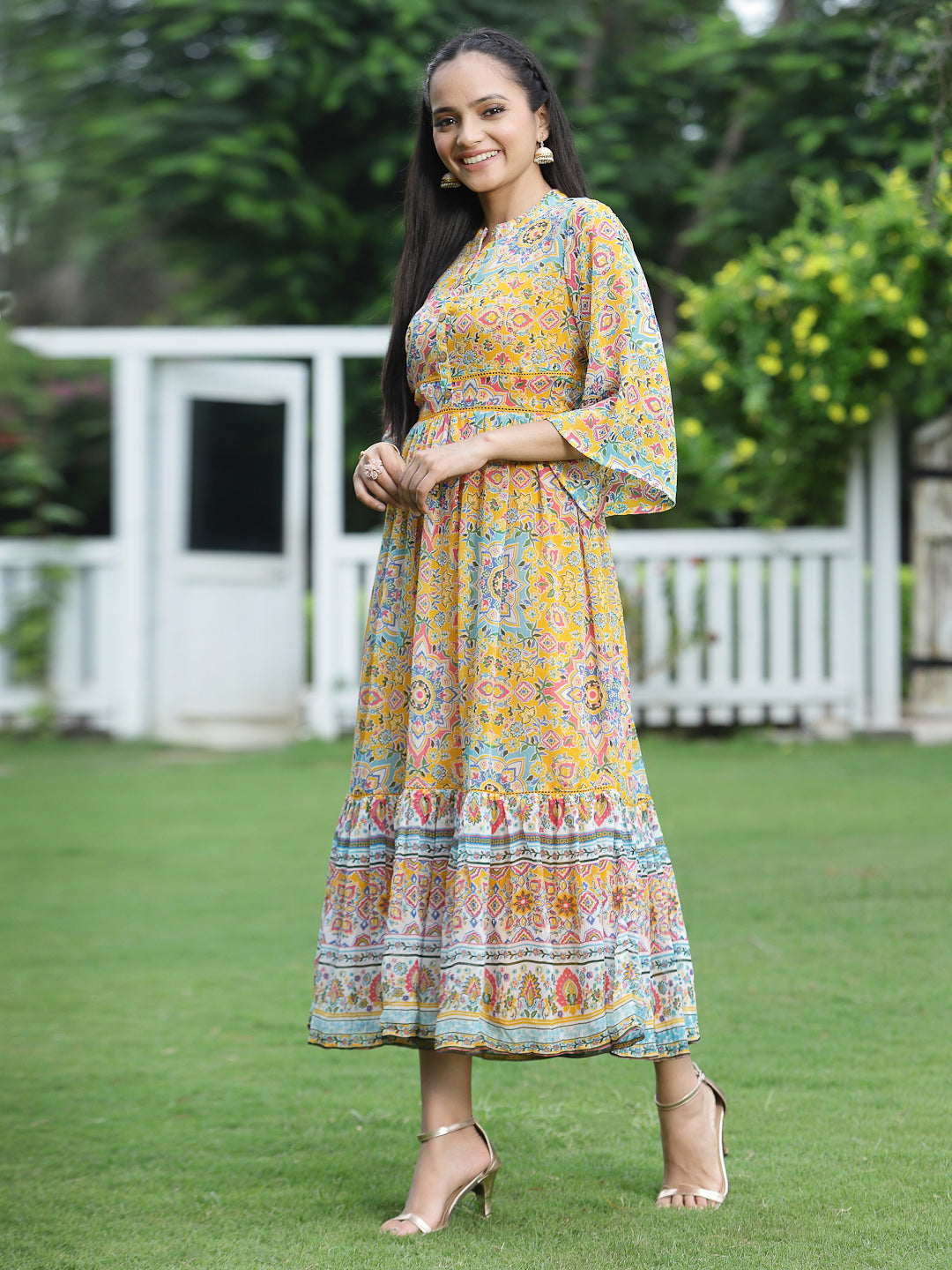 Juniper Womens Mustard Chiffon Digital Printed Tiered Maxi Dress