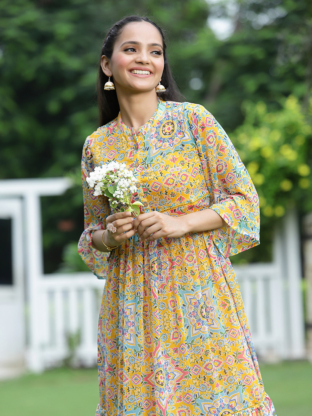 Juniper Womens Mustard Chiffon Digital Printed Tiered Maxi Dress