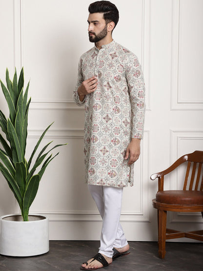 Sojanya Men Beige Printed Cotton Linen Kurta with Churidar