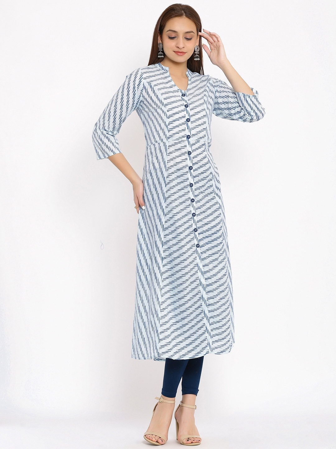HERE&NOW Blue & White Striped Mandarin Collar Kurta