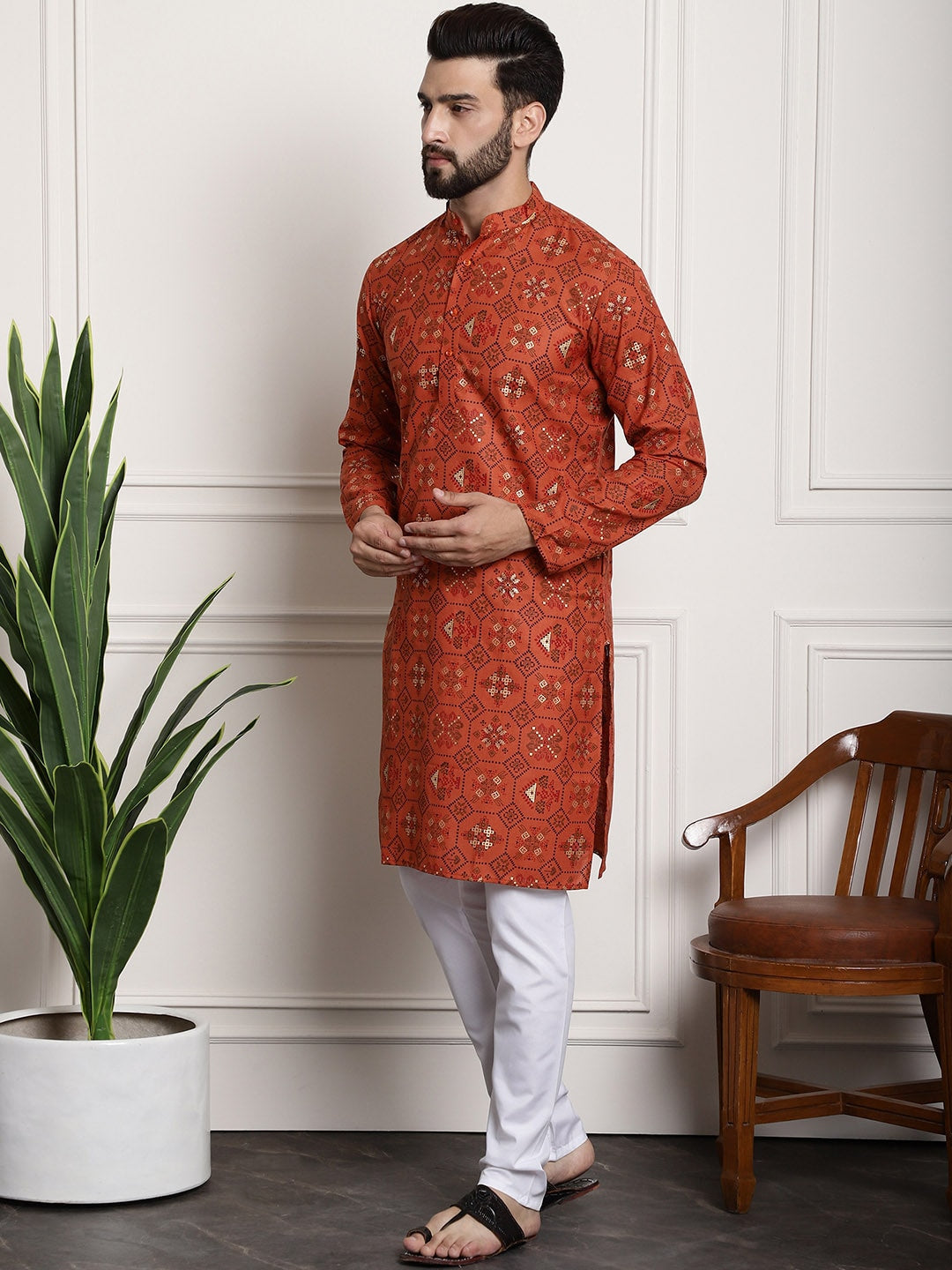 Sojanya Men Orange Printed Cotton Linen Kurta with Churidar