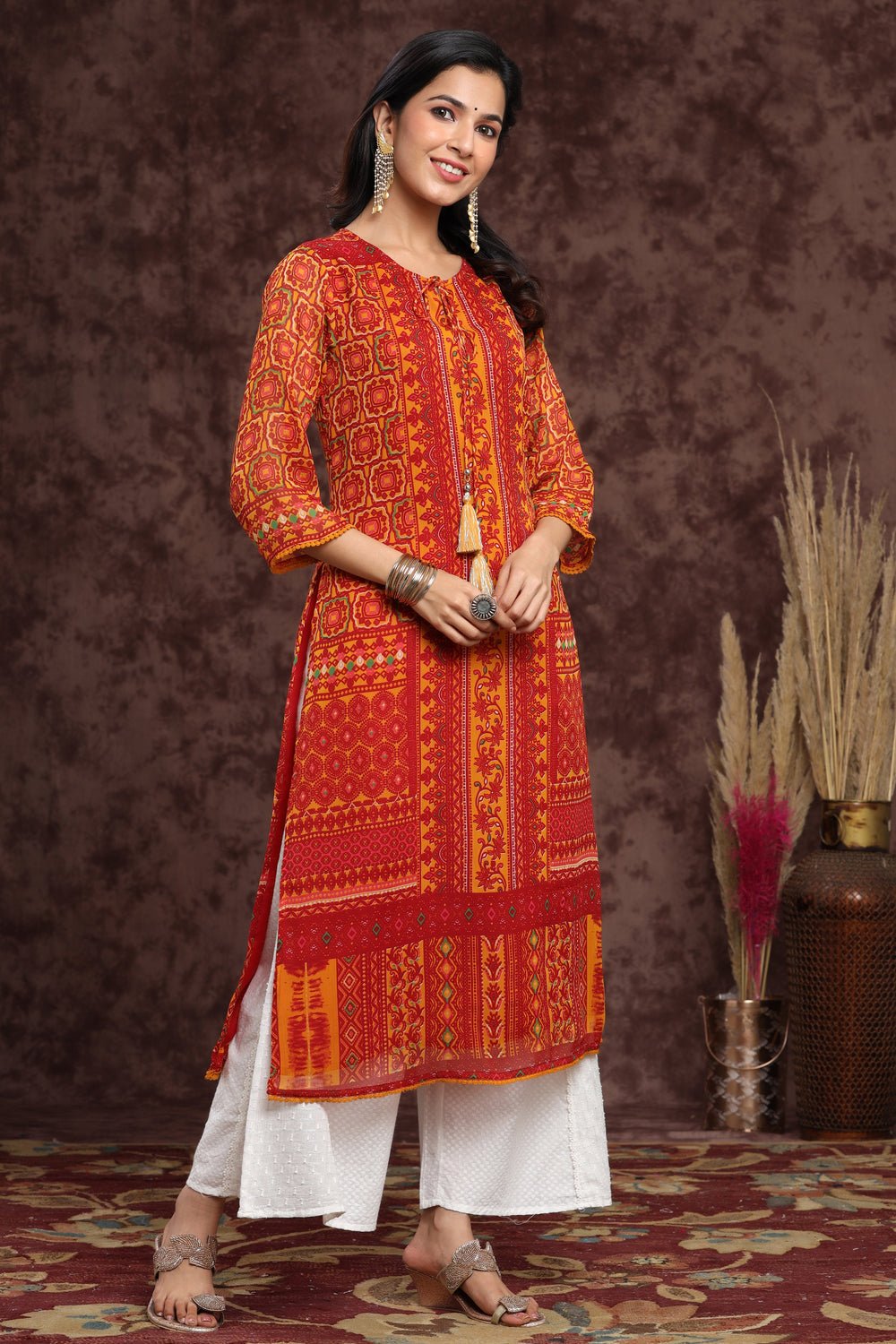 Juniper Women's Mustard Chiffon Printed Straight Kurta