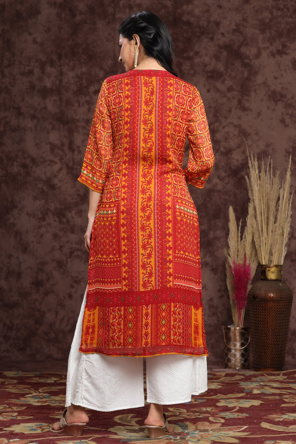 Juniper Women's Mustard Chiffon Printed Straight Kurta