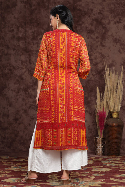 Juniper Women's Mustard Chiffon Printed Straight Kurta