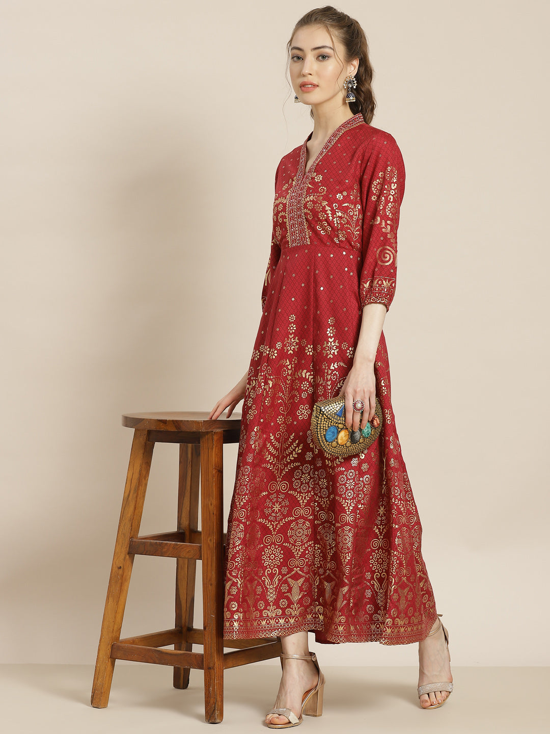 Juniper Womens Maroon Rayon Foil Printed Kalidar Maxi Dress With Mirror Embroidery