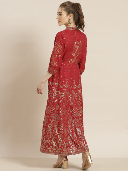 Juniper Womens Maroon Rayon Foil Printed Kalidar Maxi Dress With Mirror Embroidery
