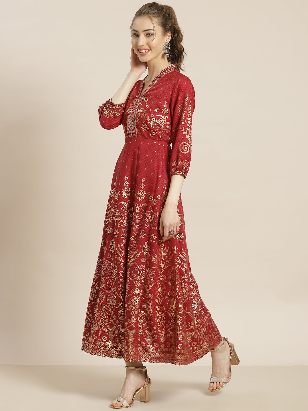 Juniper Womens Maroon Rayon Foil Printed Kalidar Maxi Dress With Mirror Embroidery