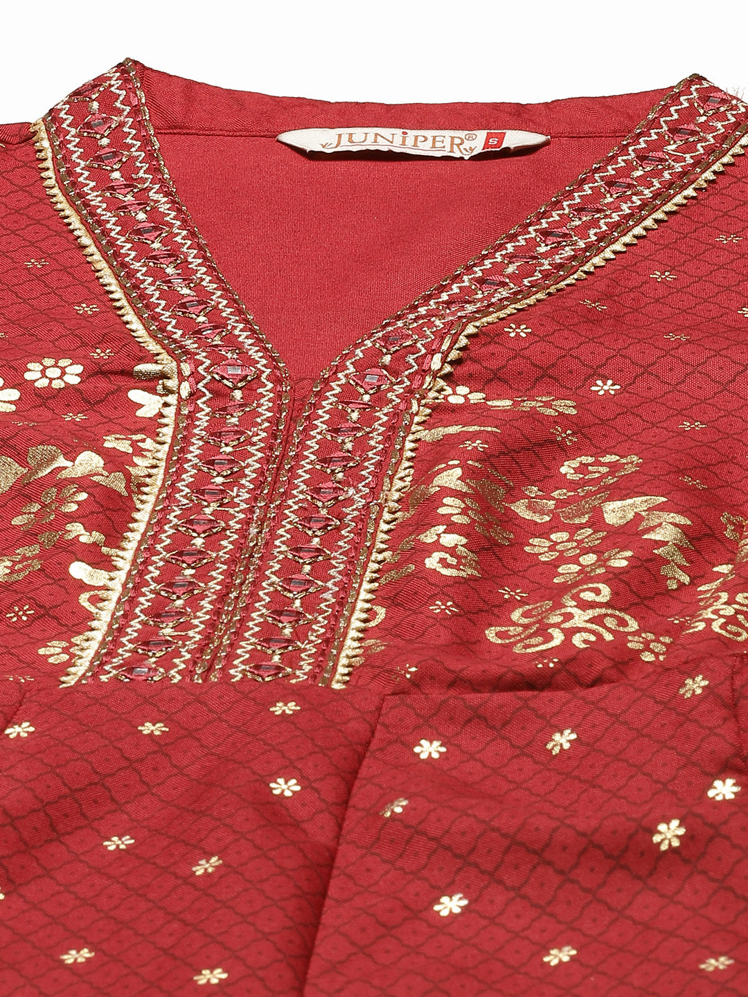 Juniper Womens Maroon Rayon Foil Printed Kalidar Maxi Dress With Mirror Embroidery